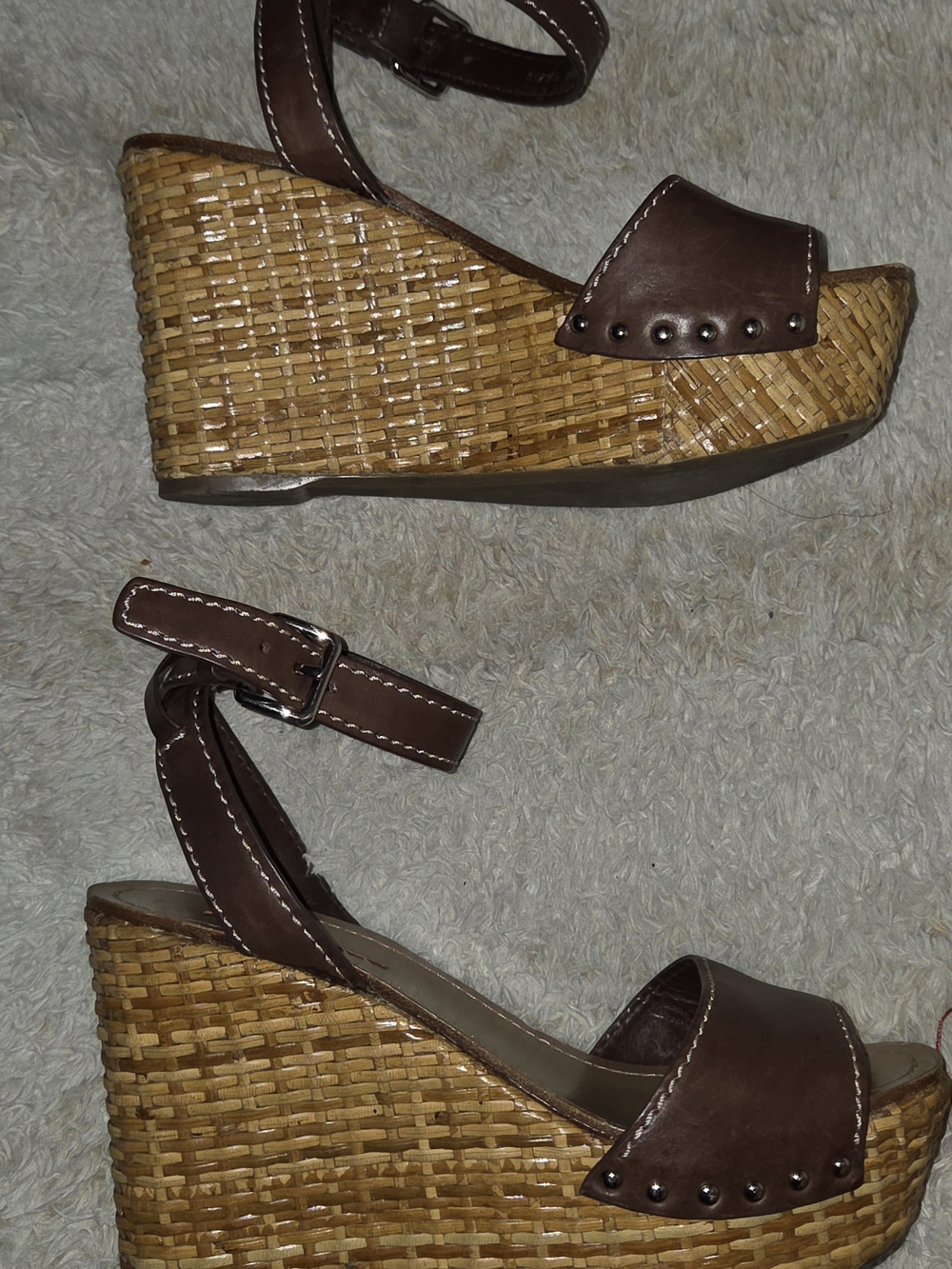Prada Brown Leather Rattan Wedge Sandals Size 6 US or Size 36.5 EU